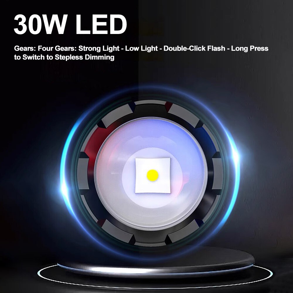 NEW 30W LEP Flashlight Super Bright Torch Hunting White Light Built-in Battery