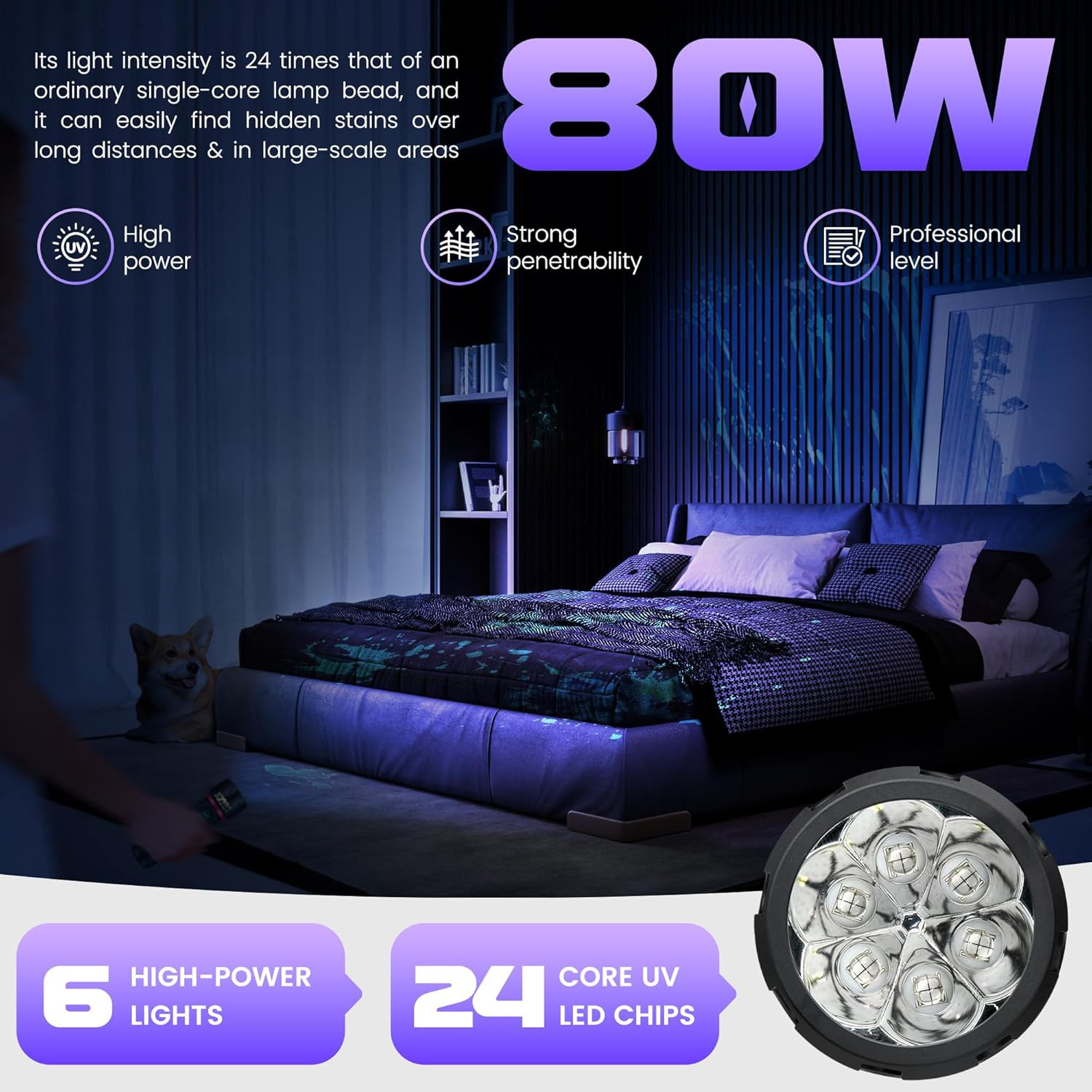 UV Flashlight 395Nm Blacklight 6Xled 4-Core Black Light, Rechargeable Ultraviole
