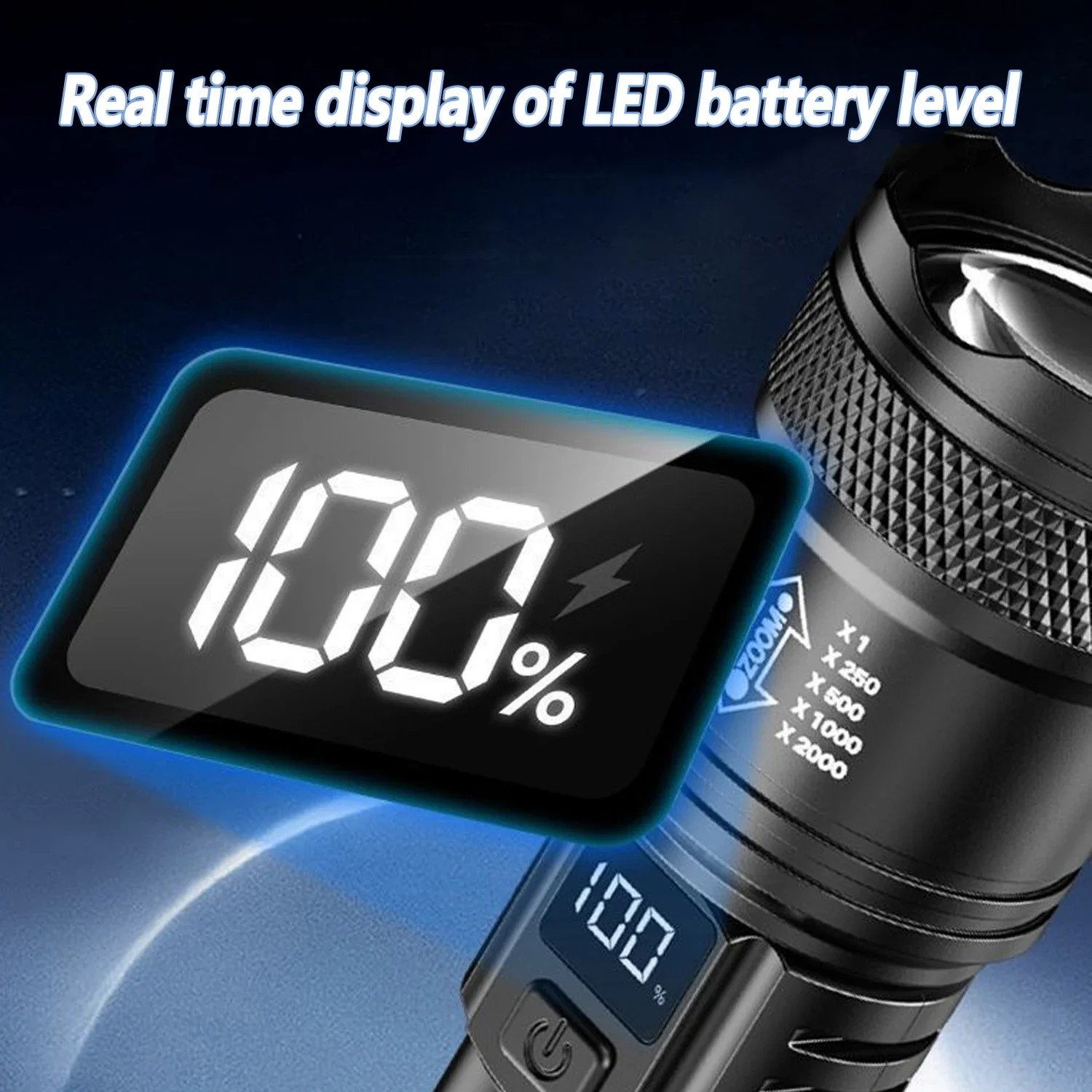 Rechargeable LED Zoomable Flashlight with LCD Display, 3 Modes, Waterproof Outdo