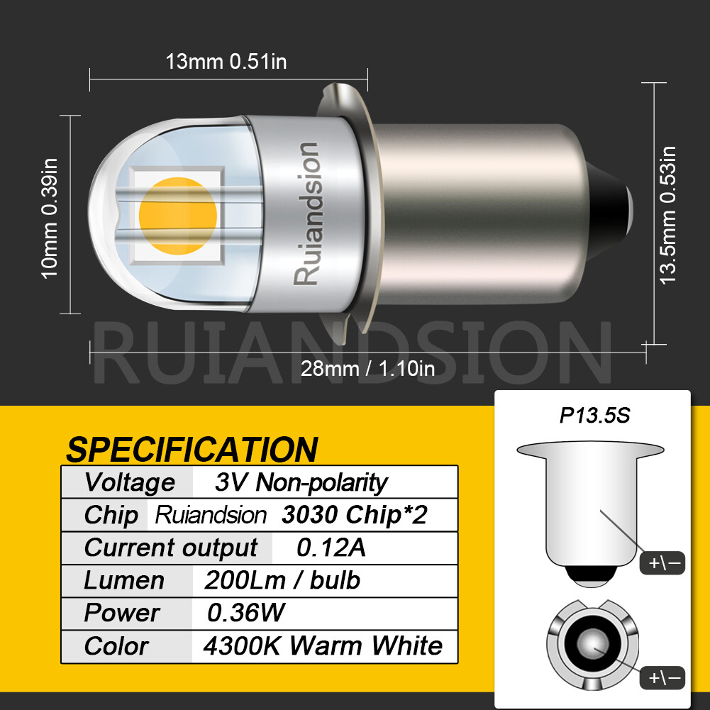 Ruiandsion P13.5S Flashlight Light Bulb Work Light 3V 4.5V 6V 12V 24V 3Colours