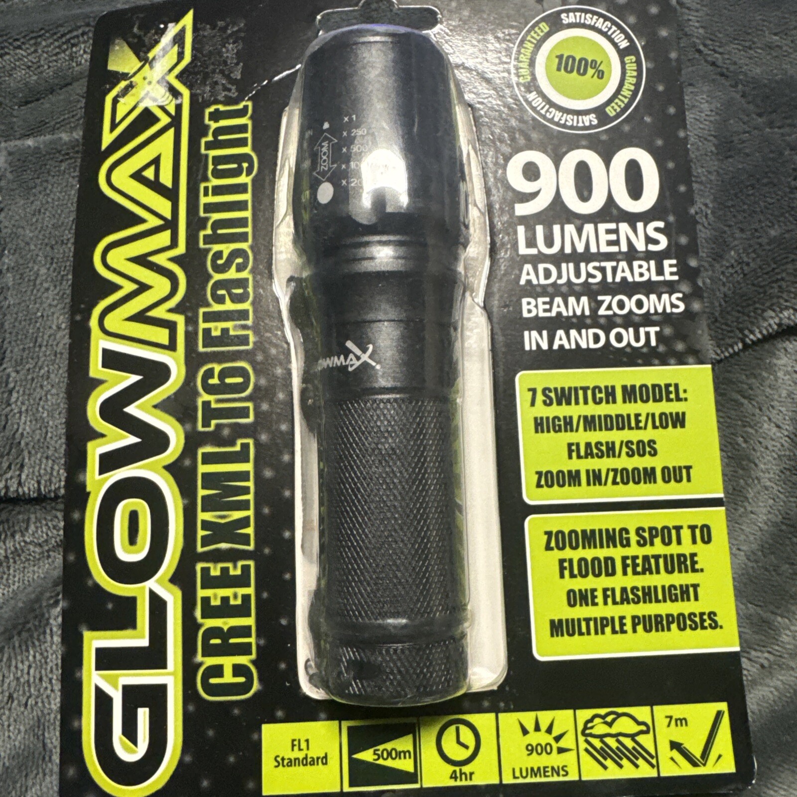 GLOW MAX FLASHLIGHT 900 LUMENS 7 Modes High Low Strobe Zoom Free USA Shipping