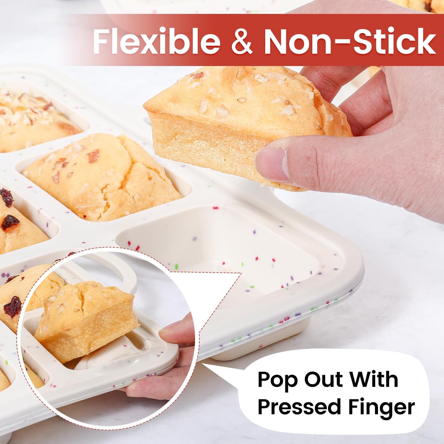 CAKETIME Silicone Mini Loaf Pan 12-cup: 1.9″x2.9″: 2pc, Creamy Confetti
