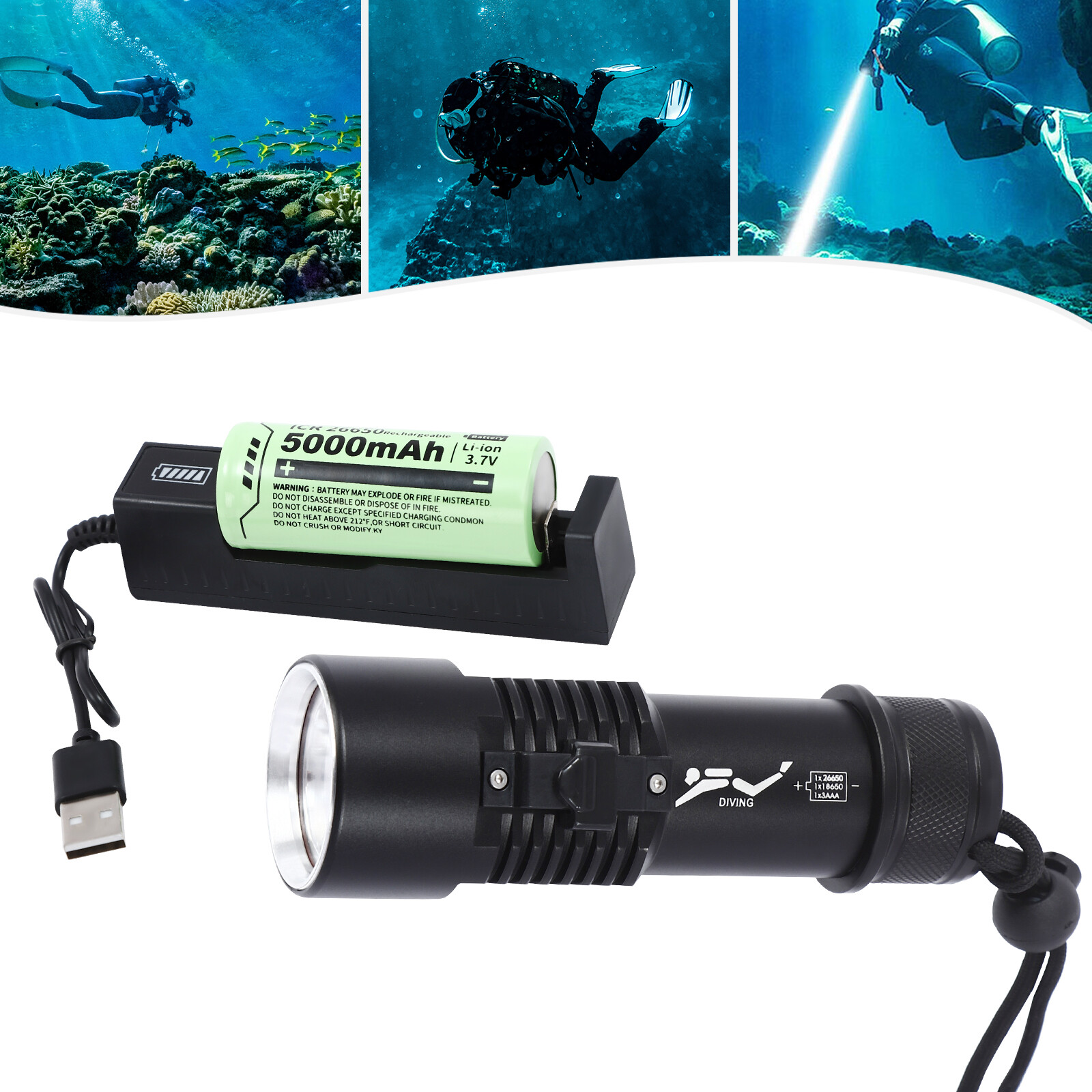 P70 LED Scuba Diving Flashlight Torch Light Lamp Underwater Waterproof Max 100m