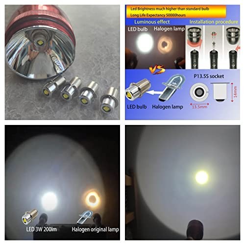 Upgrade LED Flashlight Bulb Conversion Kit 4-Pack, 3W, 6-24V, P13.5S PR2, Bright