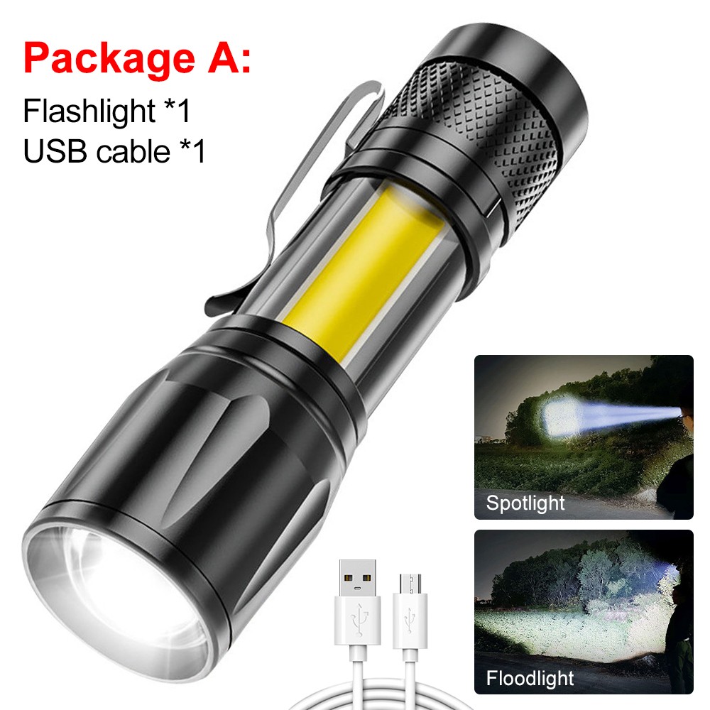 1/2pcs LED Flashlight Light Super Bright Torch USB Rechargeable COB
