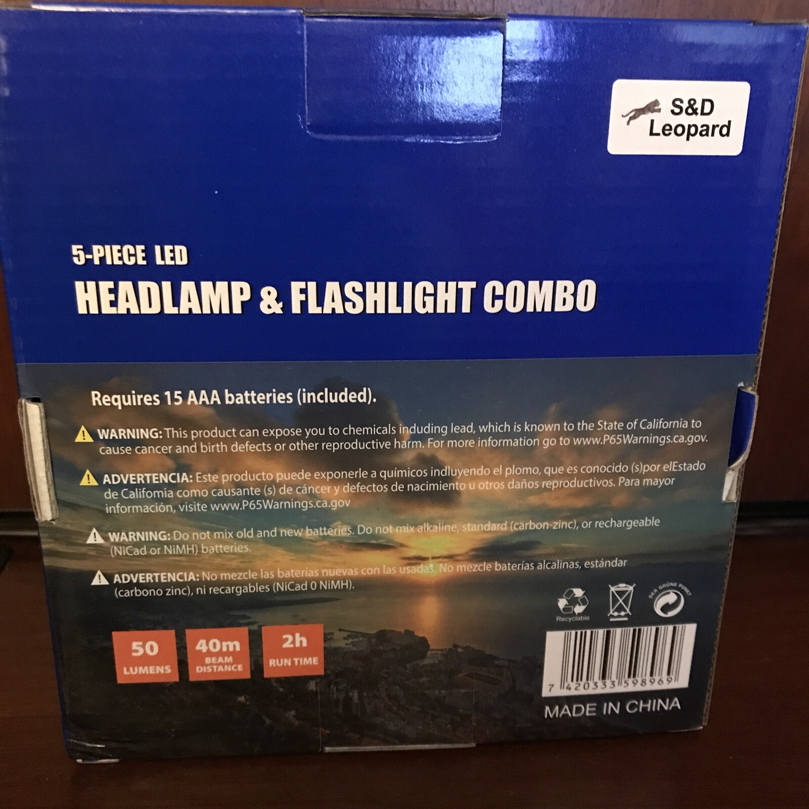 5-piece LED Headlamp & Flashlight Combo, 50 Lumens, 40m beam distance, 2h time