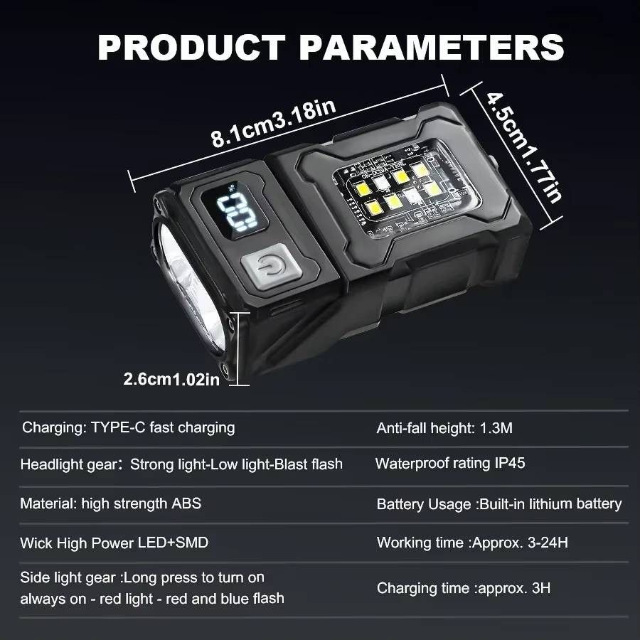 Tactical flashlight, COB LED light with built-in swivel head + USB Type-C magnet