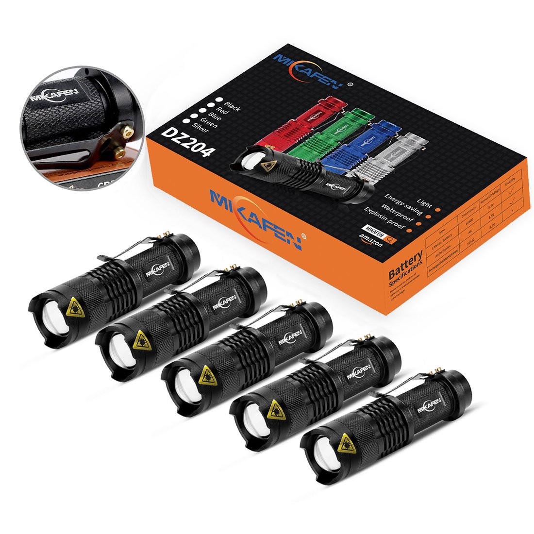 5 Pack Mini Flashlights Led Flashlight 300lm Adjustable Focus Zoomable Light
