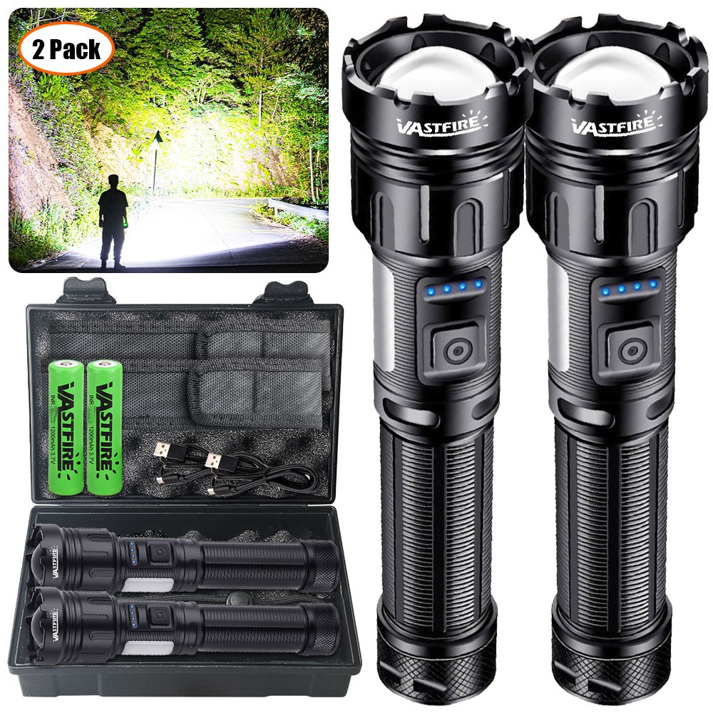 2Pack COB LED Flashlight USB Rechargeable Zoomable White & Red Light for Camping
