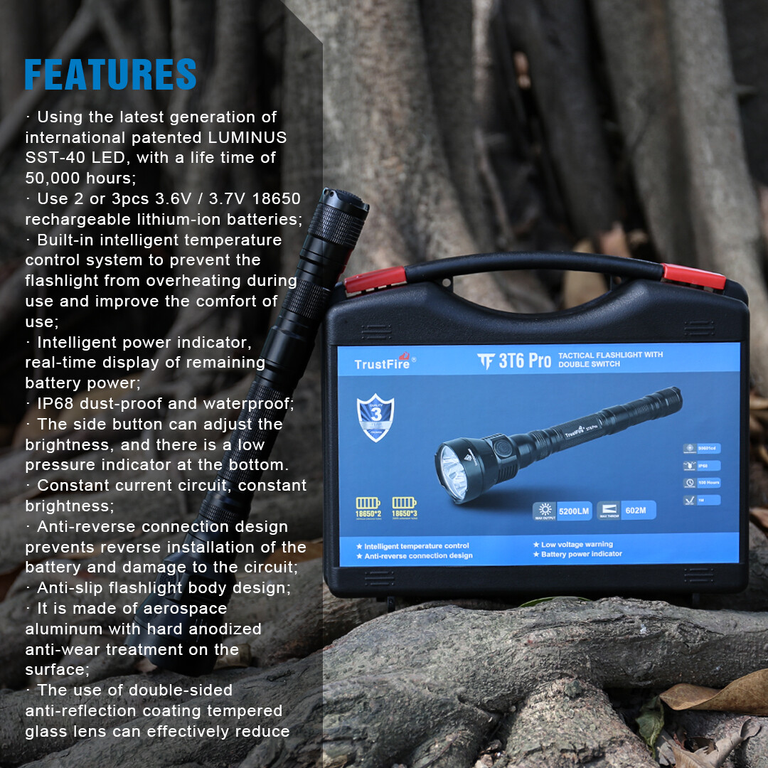 TrustFire 3T6pro Led Tactical Flashlight 5500 Lumens Rechargeable Hunting Light