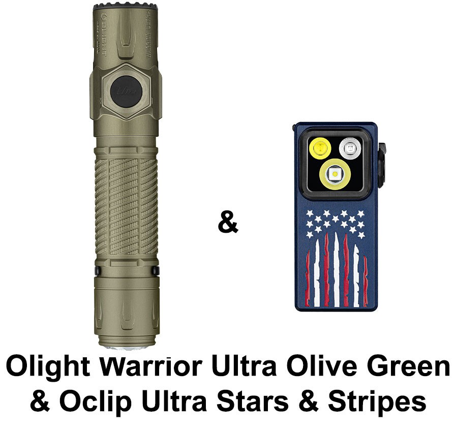 Olight Warrior Ultra Olive Green Flashlight & Oclip Ultra Stars & Stripes