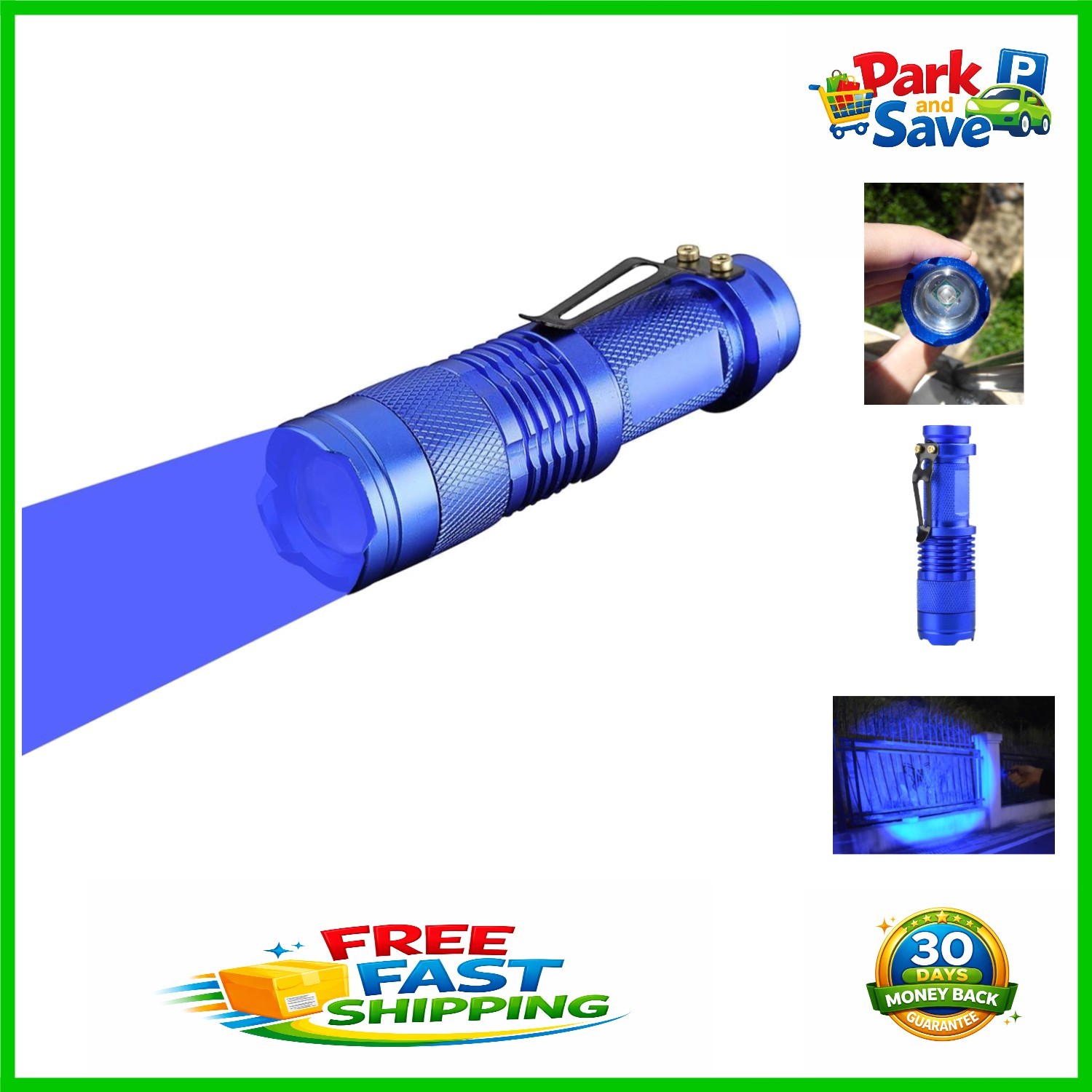 Versatile Blue LED Flashlight – High/Low/Strobe Modes, Optimal for Nighttime Use