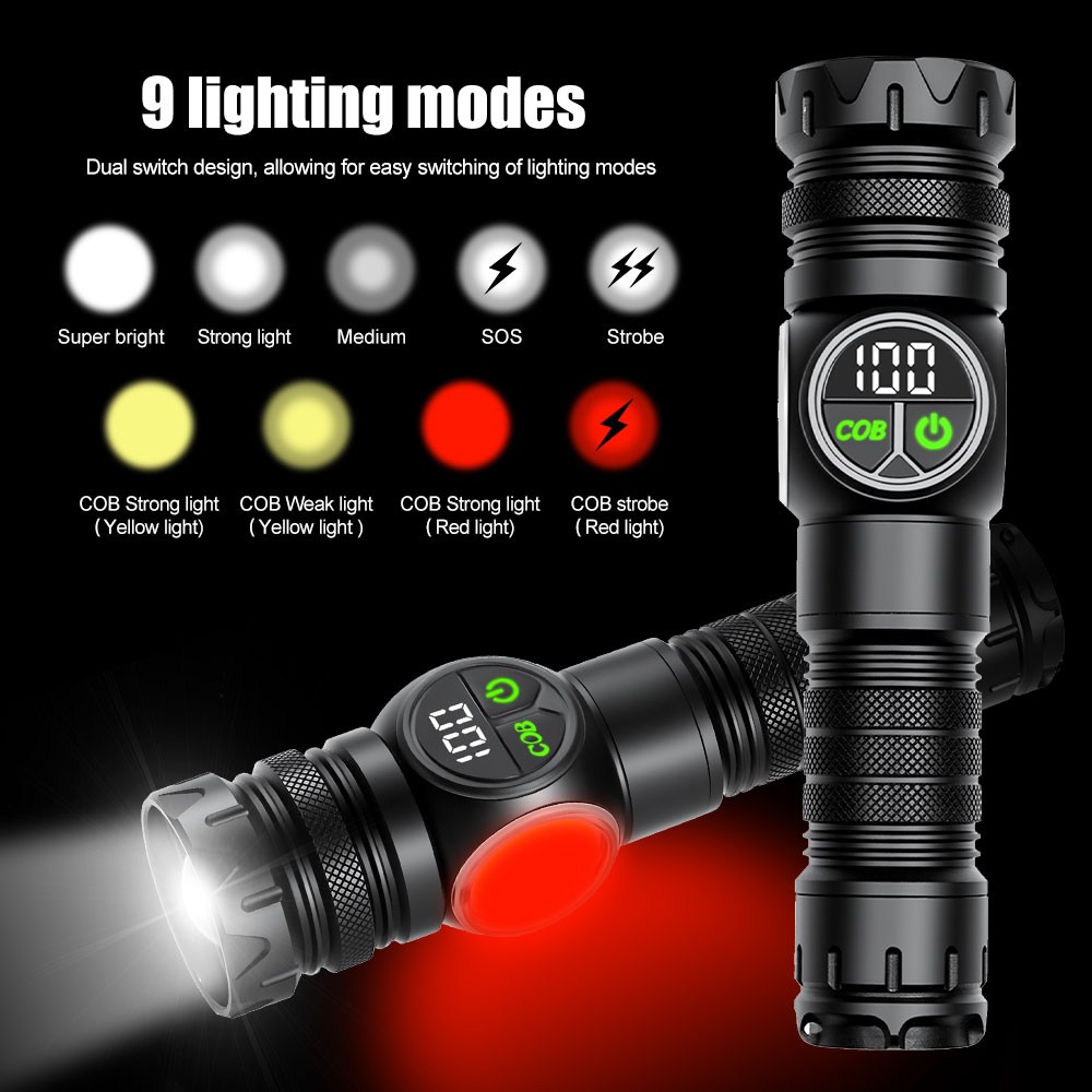 10000LM Laser LEP Flashlight Yellow Red Light Zoom USB Charging Magnetic Torch