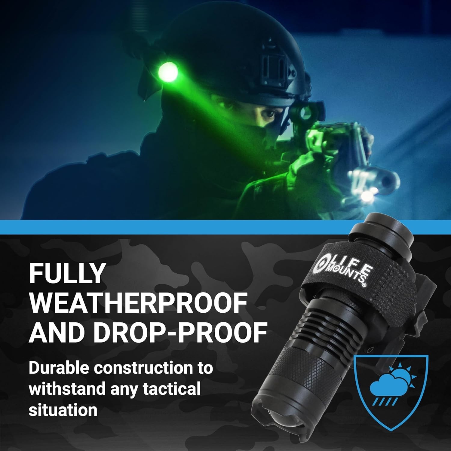 Tactical Helmet Flashlight Mount Quick-Detach 3.5×1.5in Green LED Shockproof