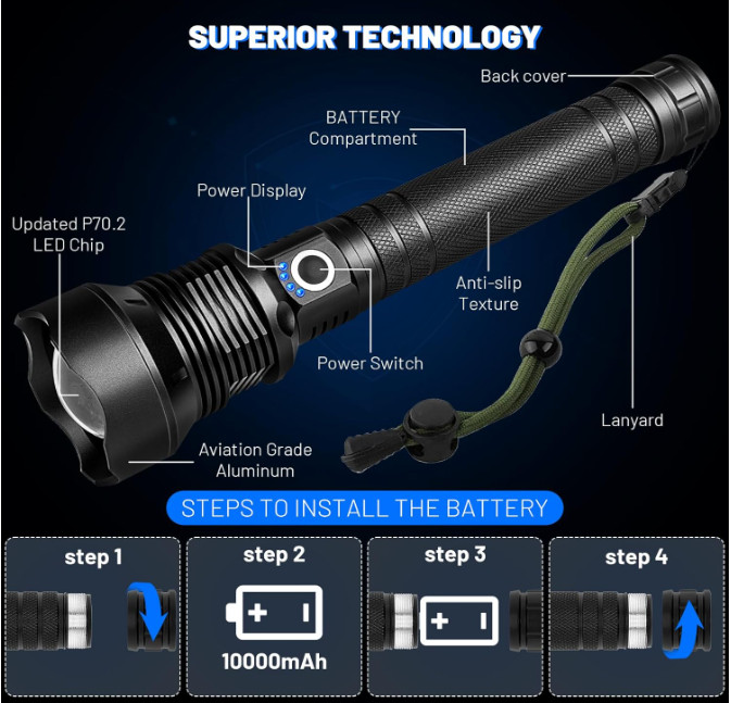 Linterna LED recargable 99.000 lúmenes, 7 modos, IPX6, ideal para camping. Negro