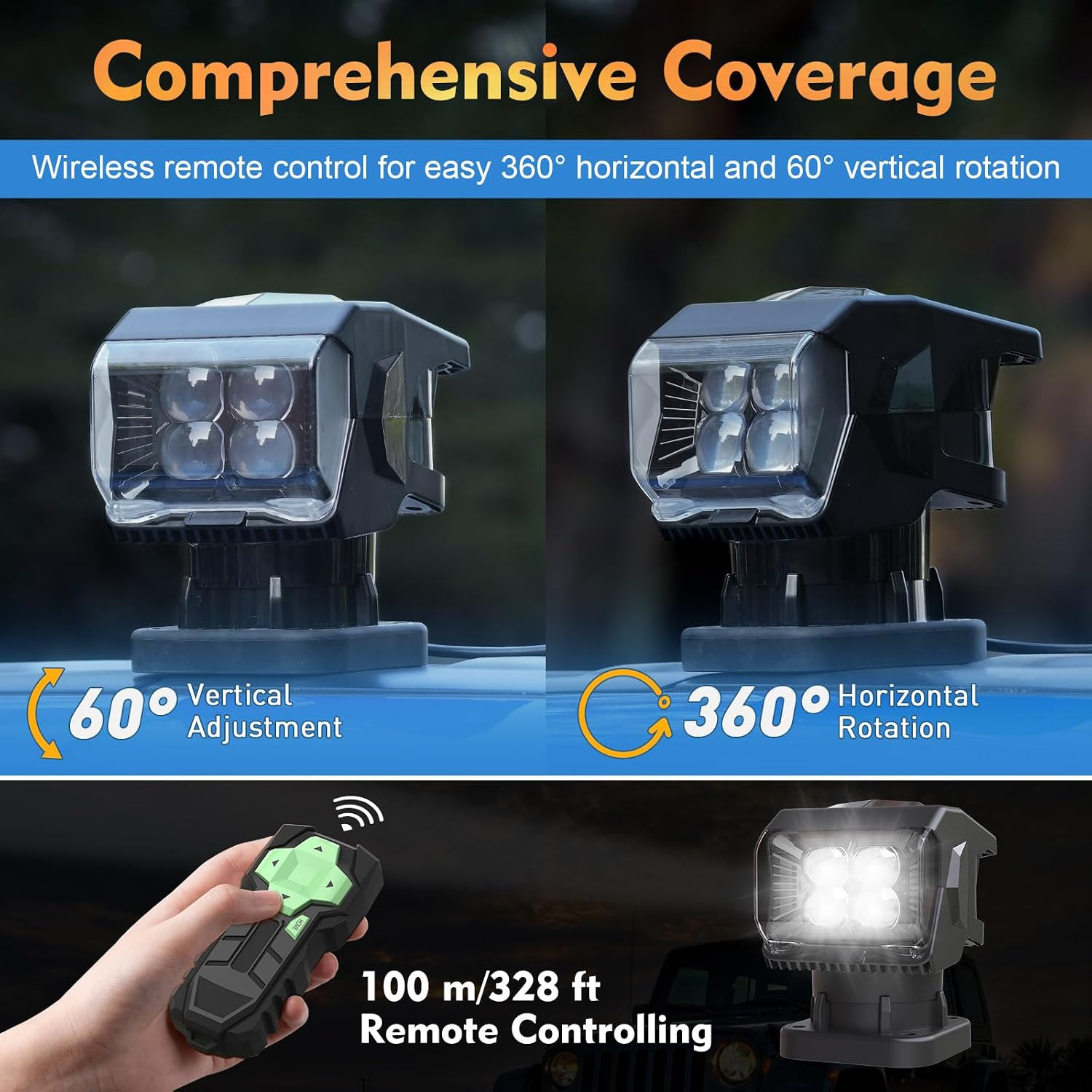 Remote Control Spotlight for Truck, 50W Outdoor Searchlight 360°Rotating Automat