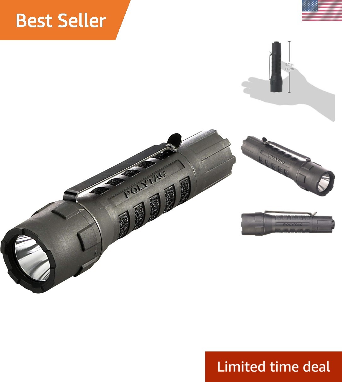 PolyTac LED Tactical Flashlight Black 600 Lumens Waterproof Batteries