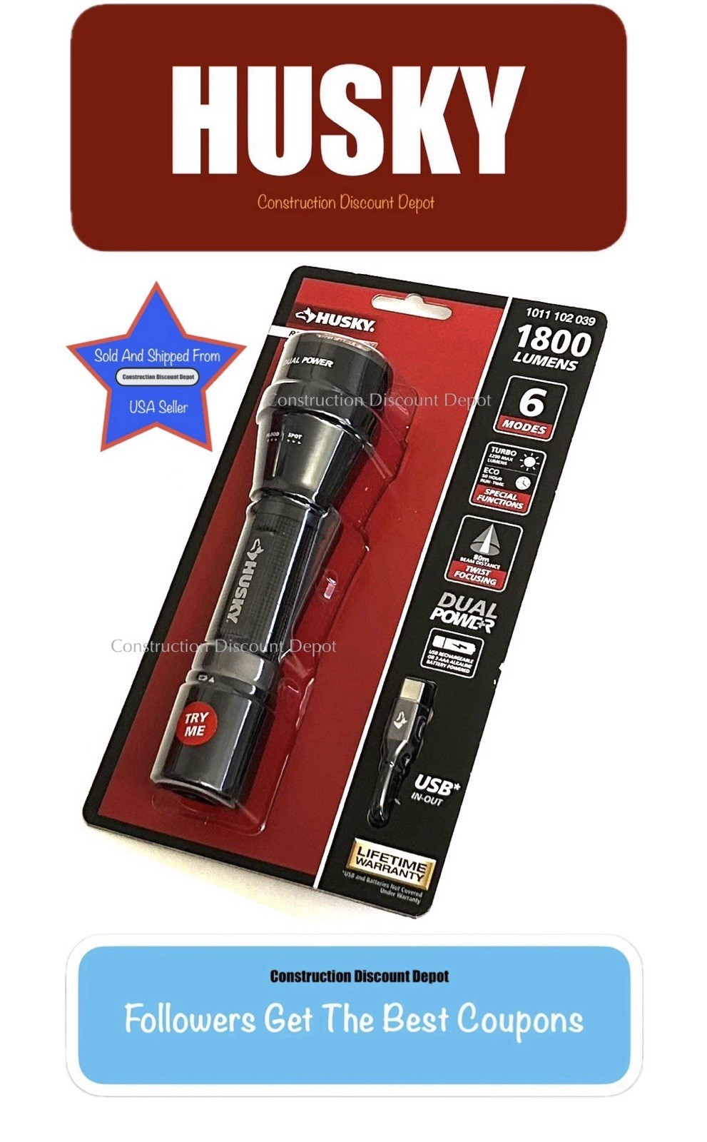 Husky 1800 Lumens Dual Power LED Rechargeable Tactical Focusing Flashlight