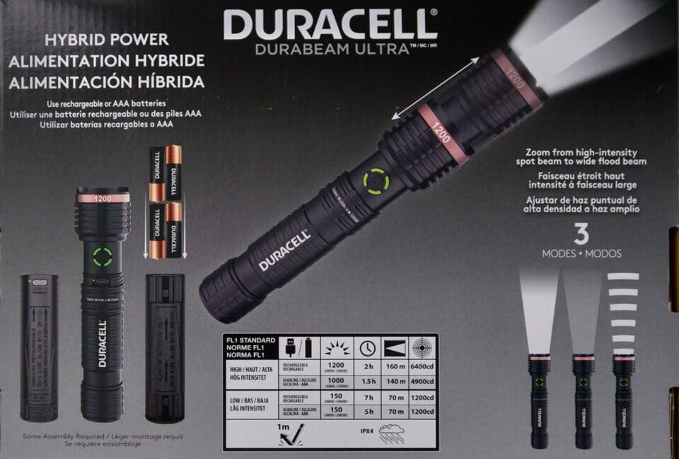 DURACELL Durabeam Ultra Hybrid LED Flashlights, 1200 Lumens, Set of 3, with