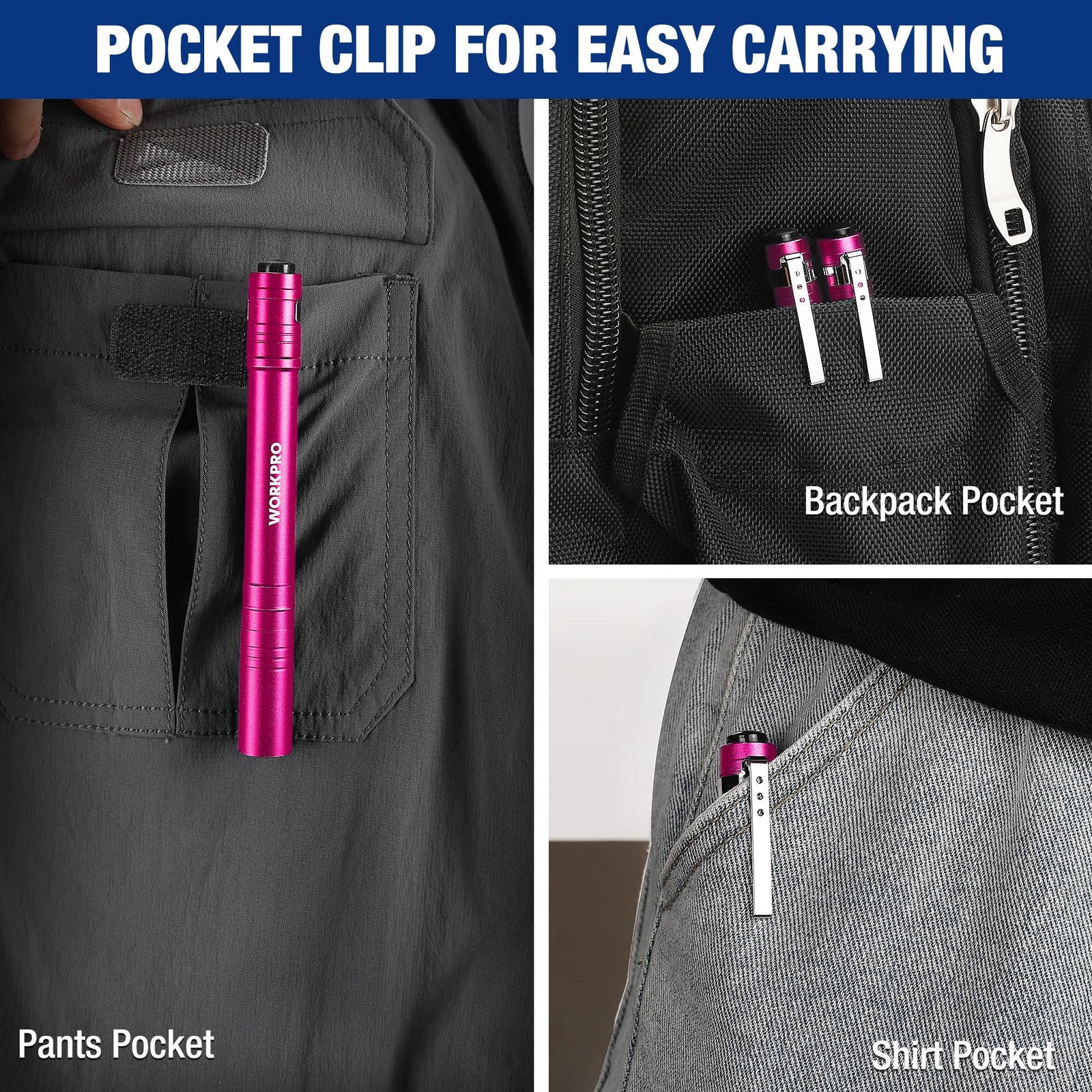 WORKPRO LED Pen Light, Aluminum Flashlights, Pocket Flashlight with Pink