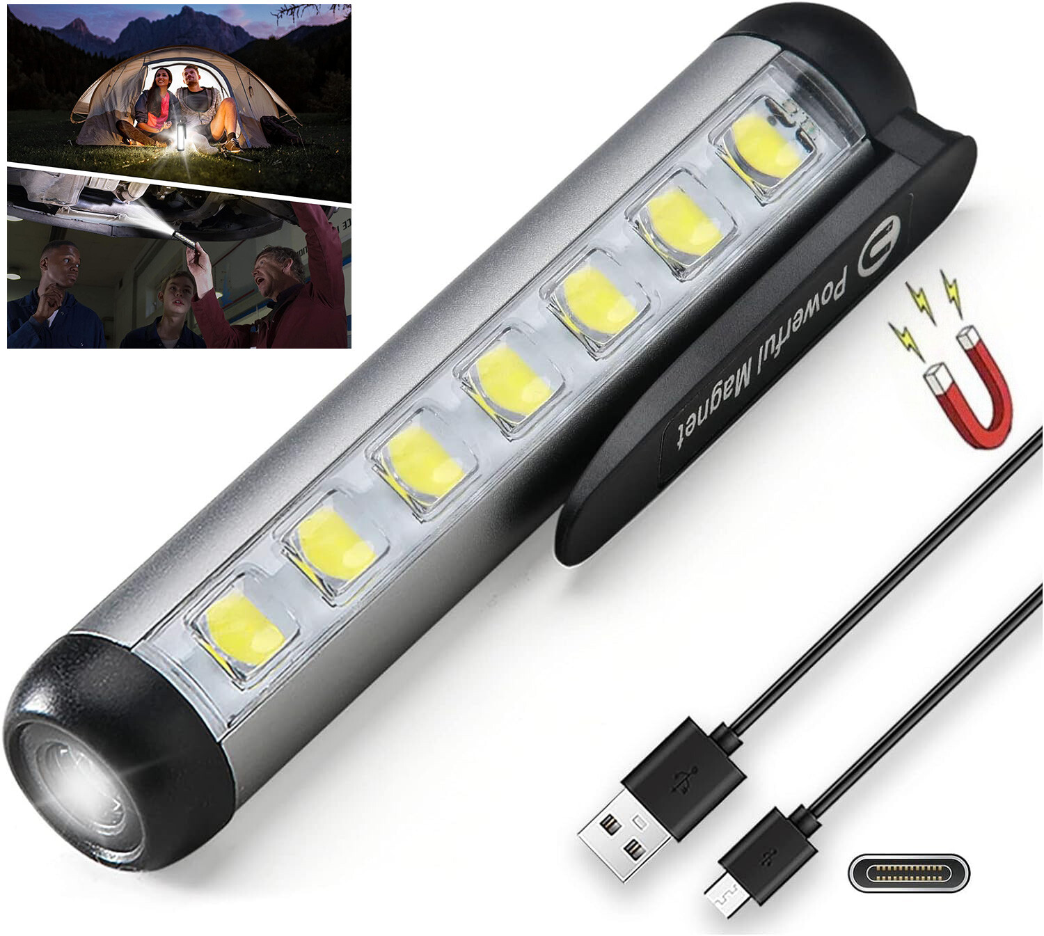 Magnetic Penlight Pocket COB Work Light Rechargeable LED Flashlight Waterproof