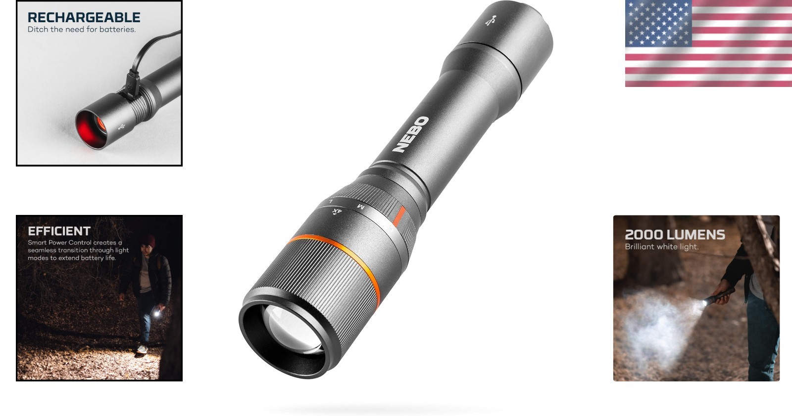 Waterproof LED Flashlight with 4 Light Modes and USB Rechargeable Power Bank