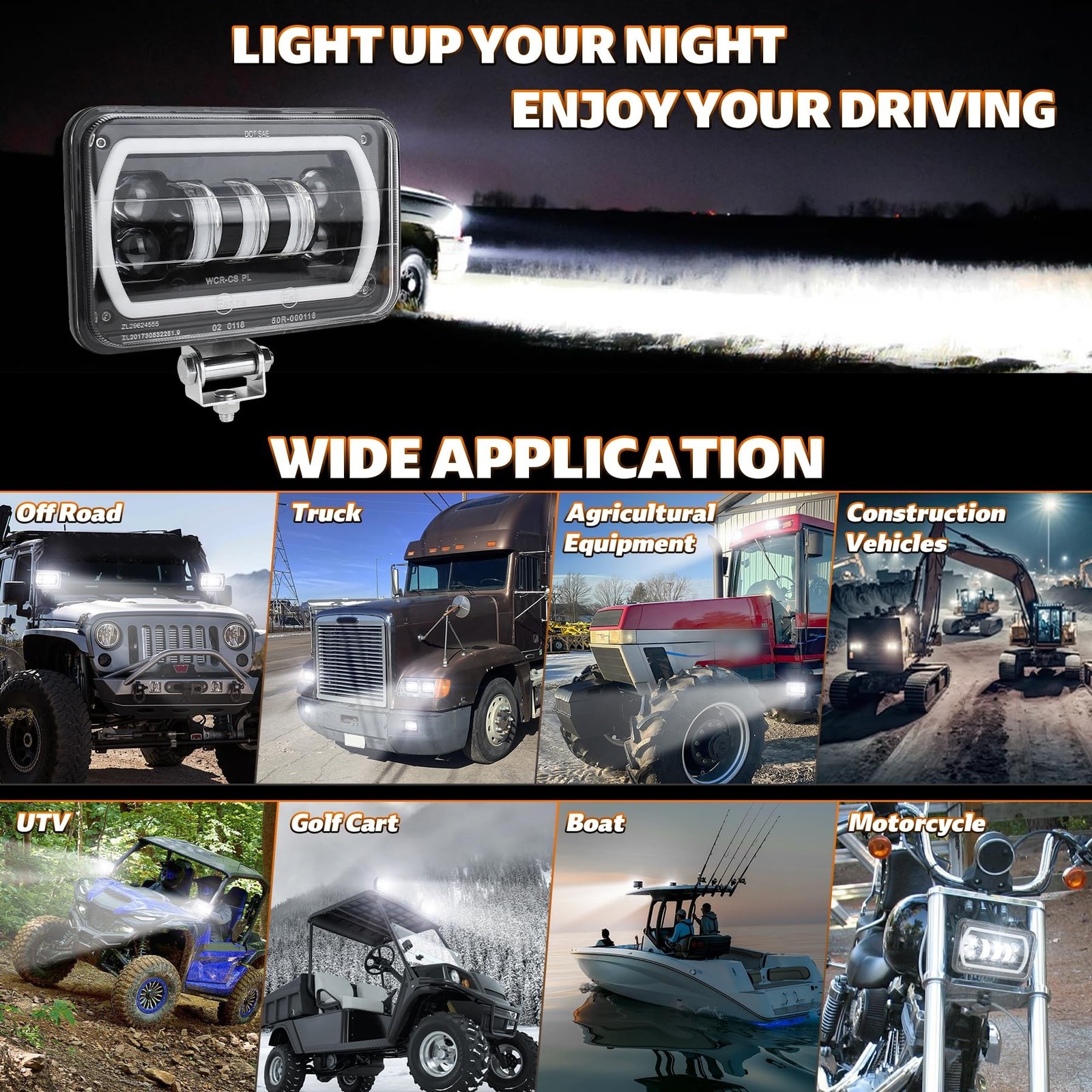 4×6” LED Headlight with Mounting Bracket Hi/Lo Beam White&Amber Halo Off Roa…