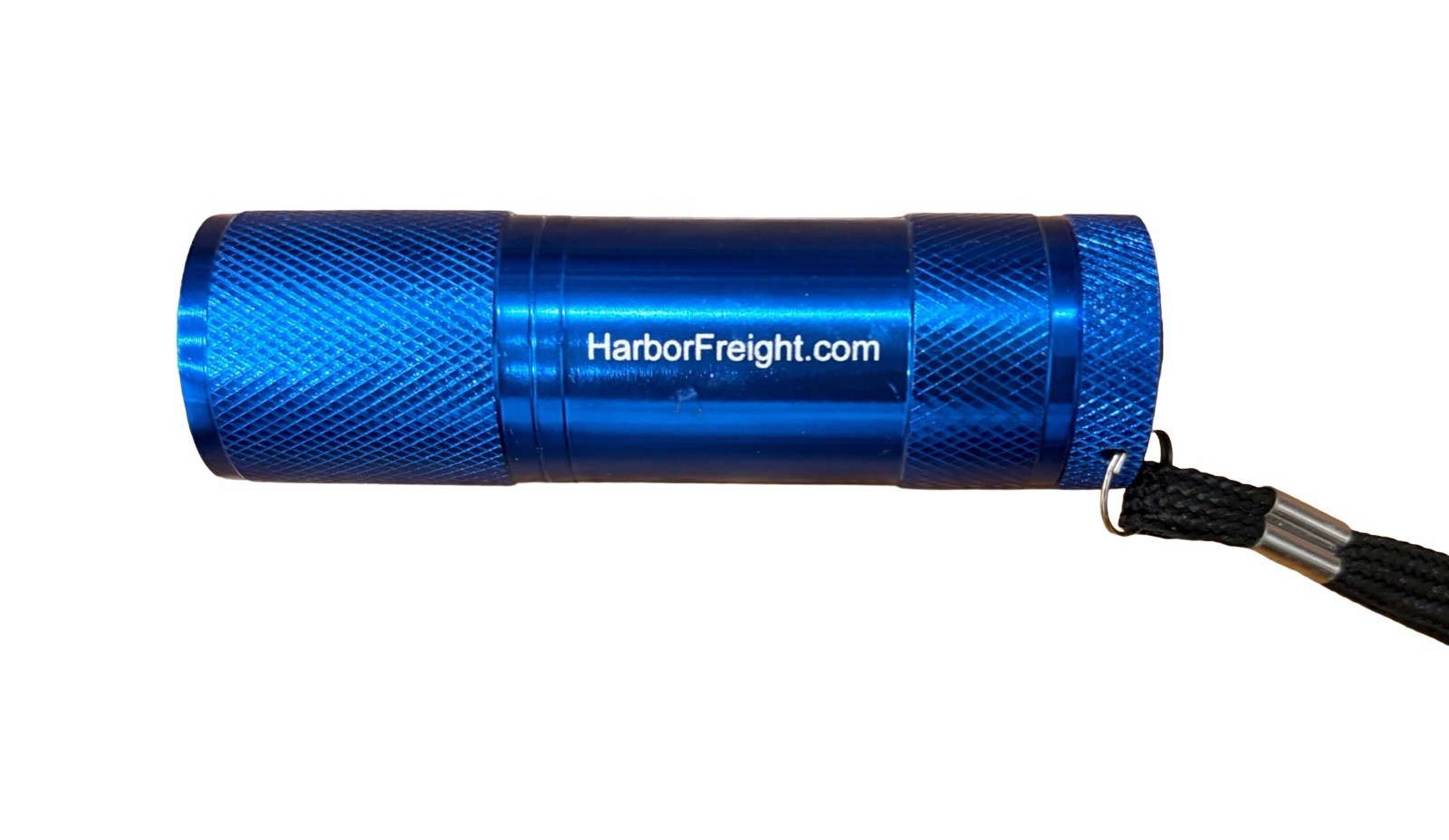 Harbor Freight branded mini aluminum flashlight with a blue finish 3.5”L