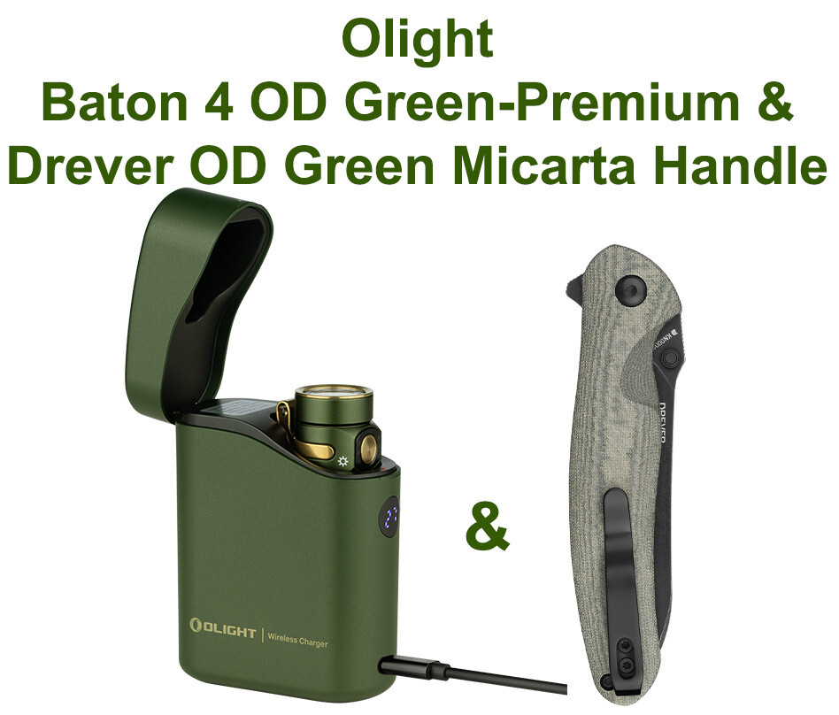 Olight Baton 4 OD Green Premium Flashlight/Charging Case & Drever OD Green Micar