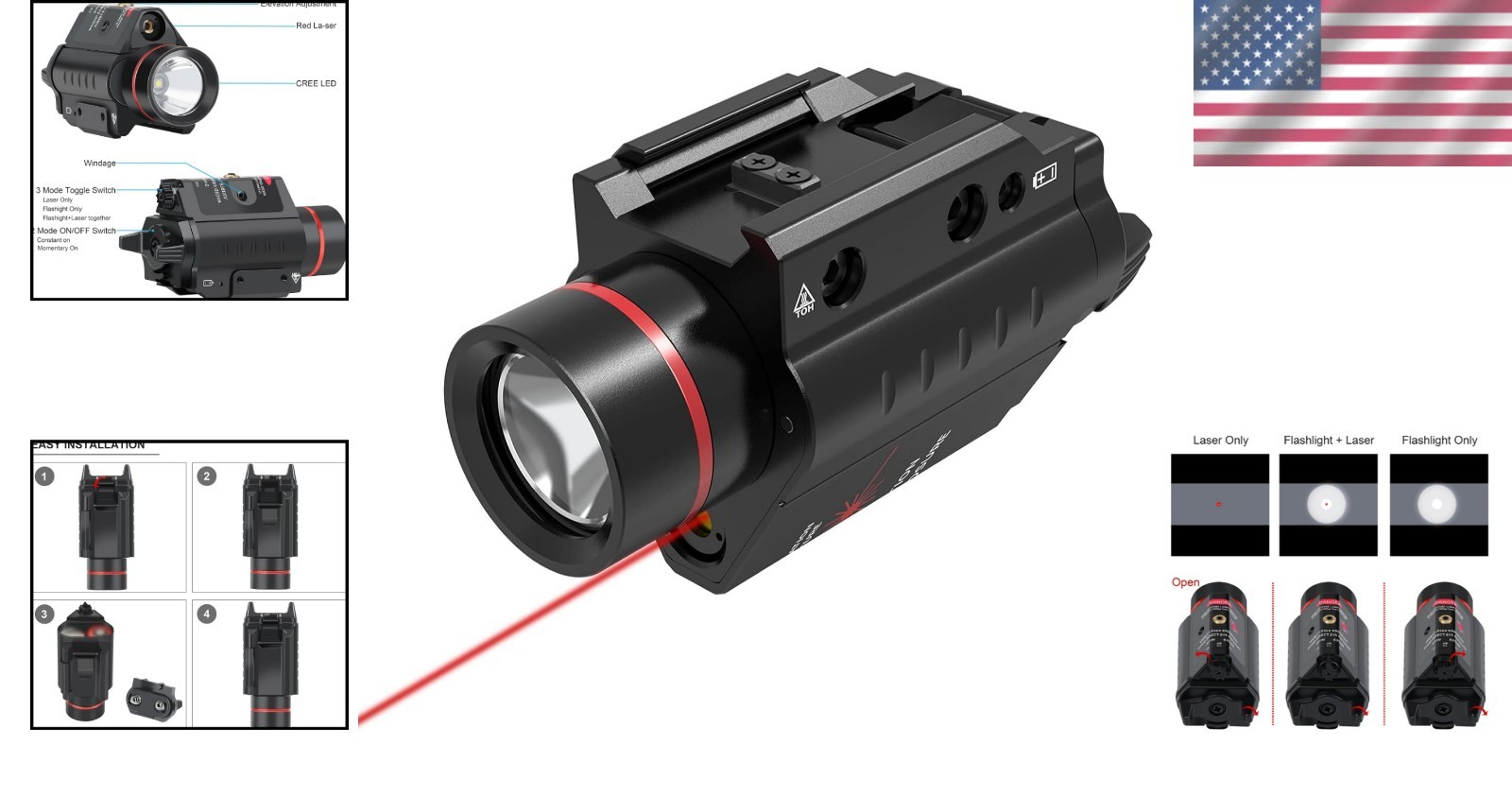 Black Tactical Flashlight Combo – 500 Lumens Laser & Picatinny Compatible