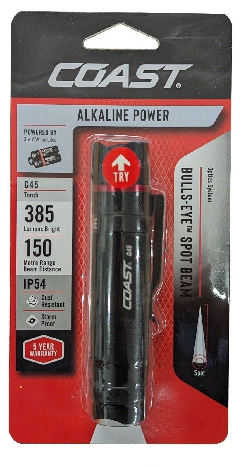 385 Lumens G45 Fixed Focus FlashLight Battery Powered Torch Storm Proof Coast