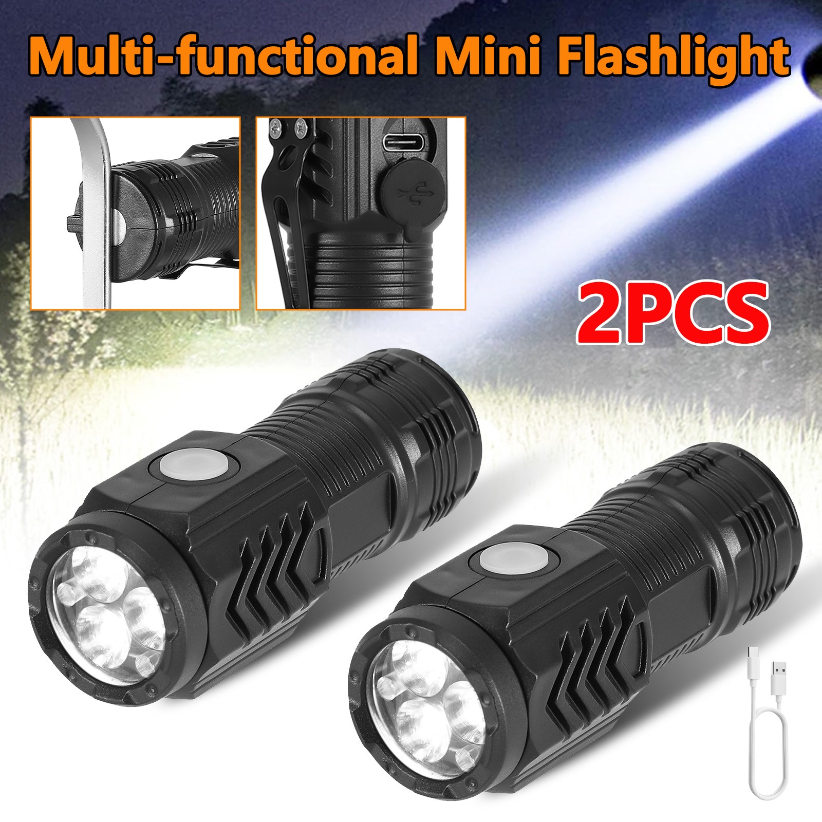 2PCS Mini Rechargeable LED Flashlight Tactical Police Super Bright Torch 5 Modes