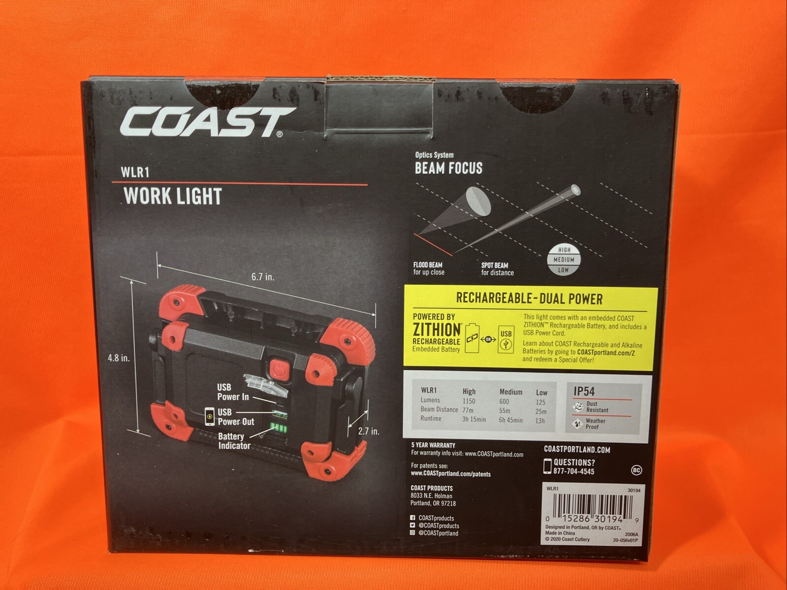 Coast WLR1 Work Black & Red 1150 Lumens Water Resistant Spotlight 30194