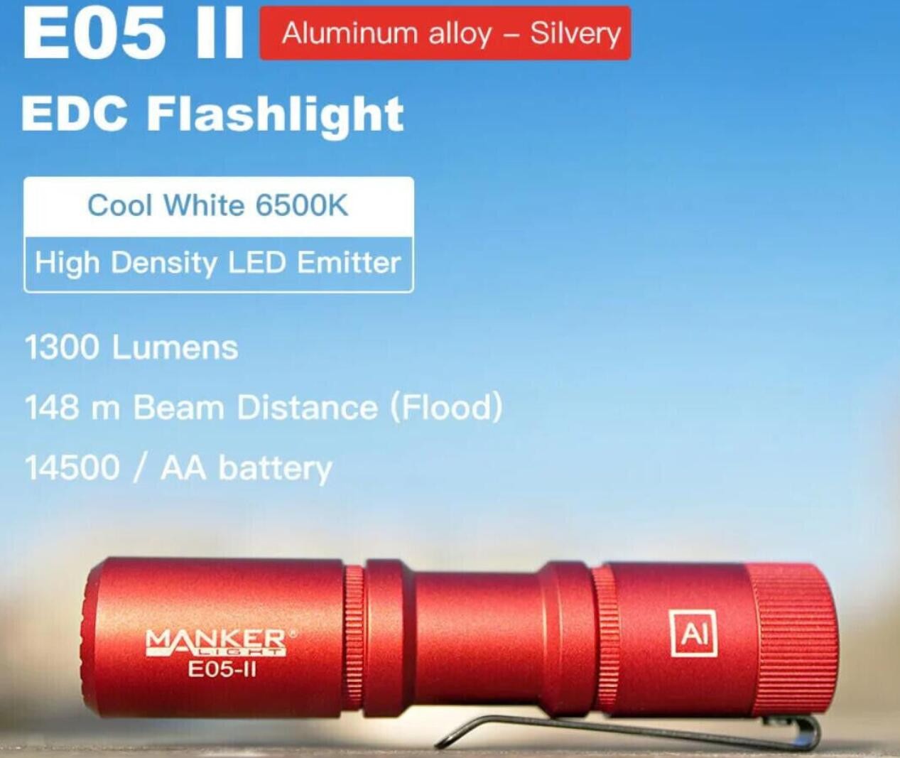 Mankerlight E05-II Red AA EDC Flashlight 1300/800 Lumen MINI Pocket Torch