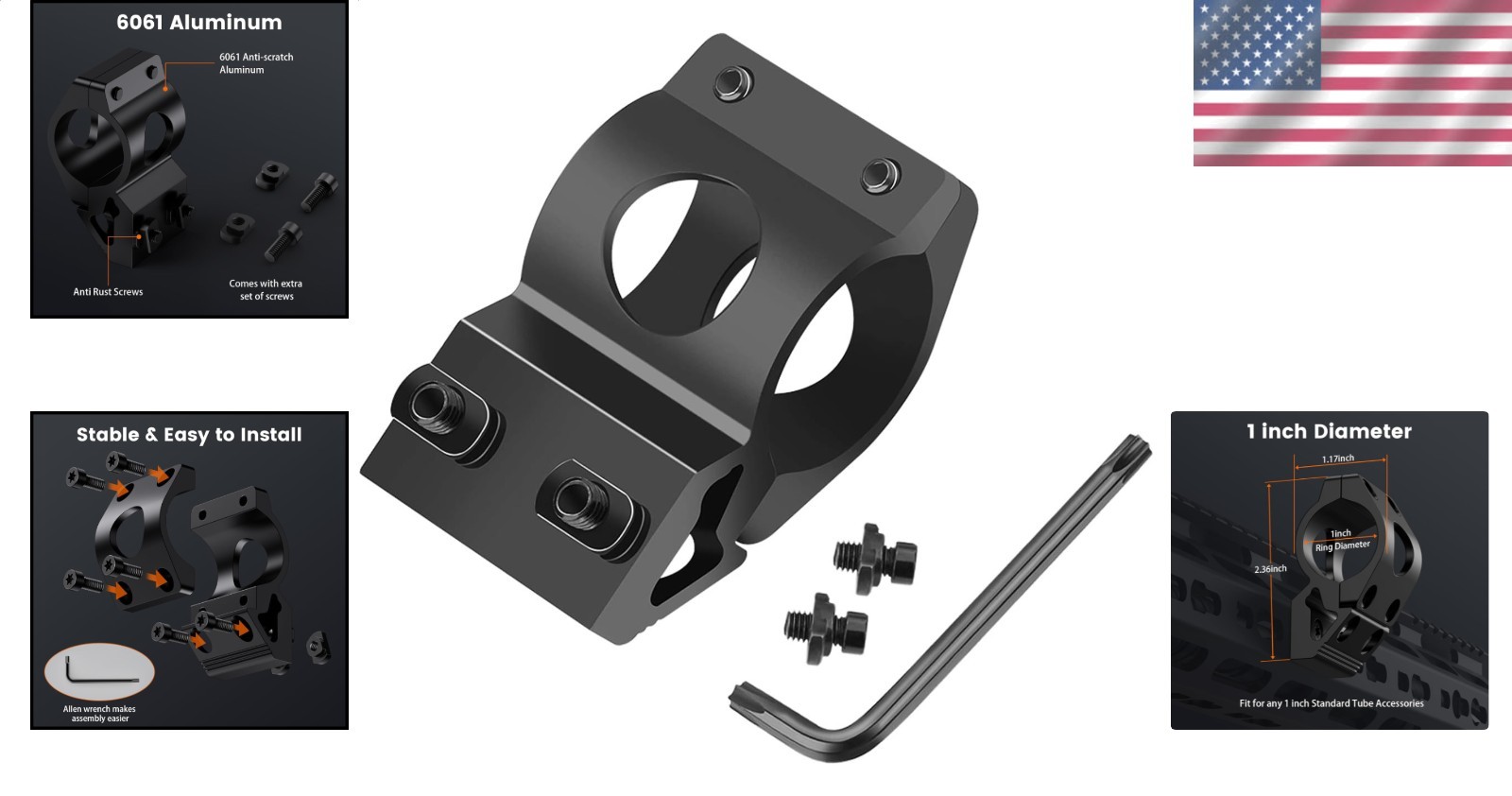 Flashlight Mount Tactical 45° M Lock 1 Inch Black Aluminum Rail Bracket System