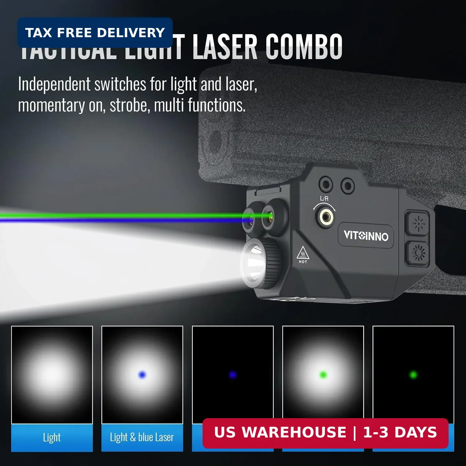 500lm Pistol Light and Blue Green Beam Combo,Slidable Weapon Light and Beam for