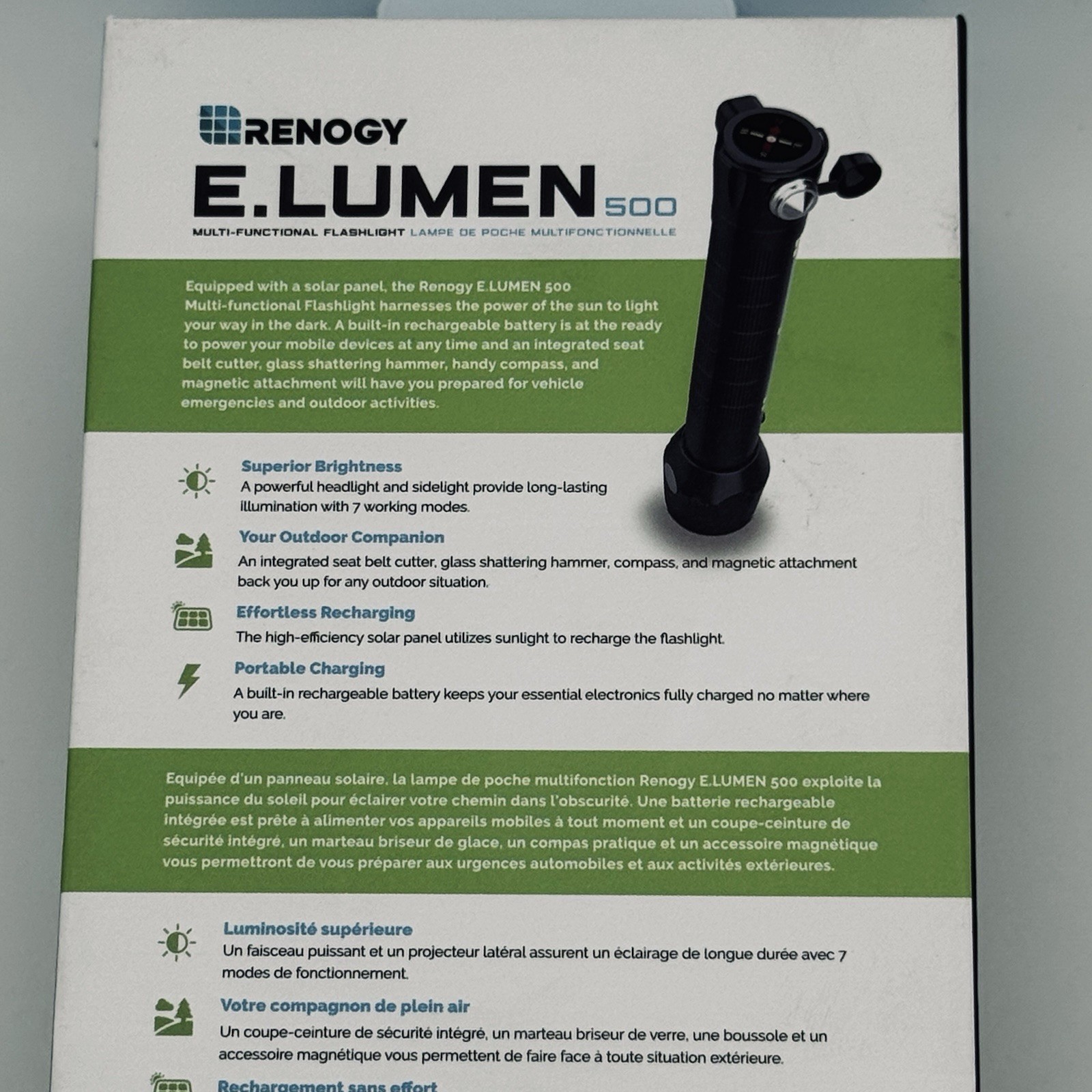 Renogy E.Lumen 500 Lumens 8-in-1 Multifunctional Flashlight Rechargeable & SOLAR