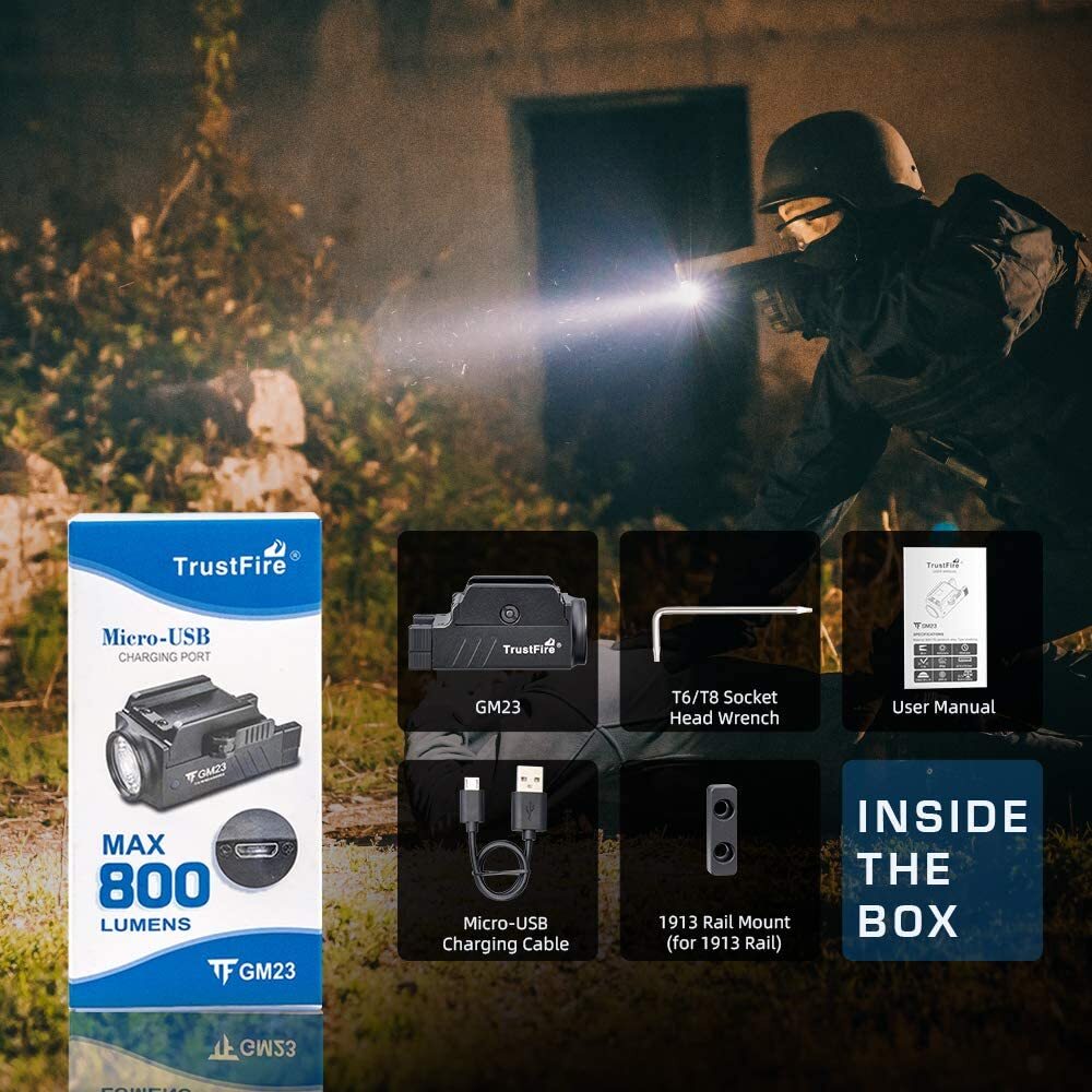 Trustfire GM23 Compact Tactical Handgun USB Rechargeable Light LED Flashlight