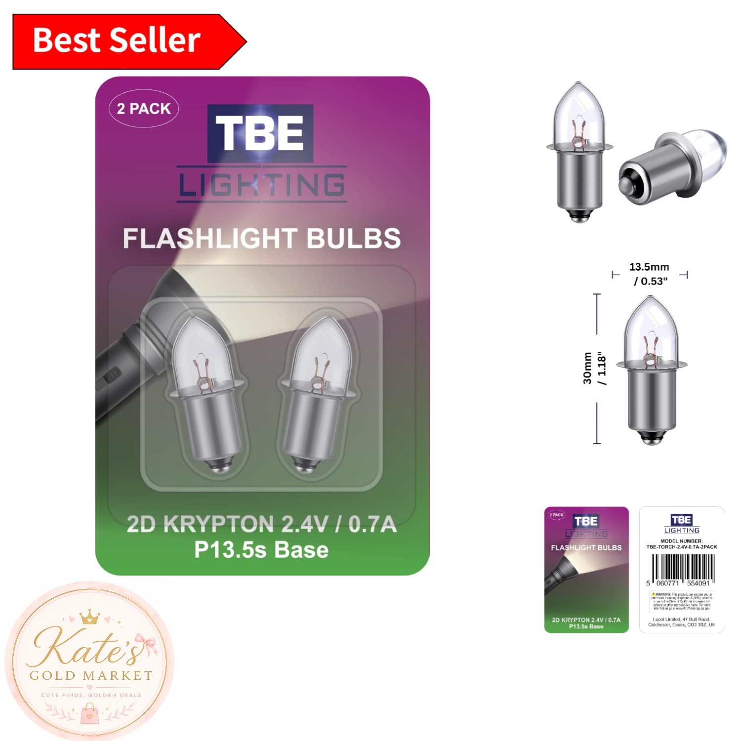 Pack of 2 Energy Efficient 2D 2.4V Krypton Flashlight Bulbs (P13.5 Base)