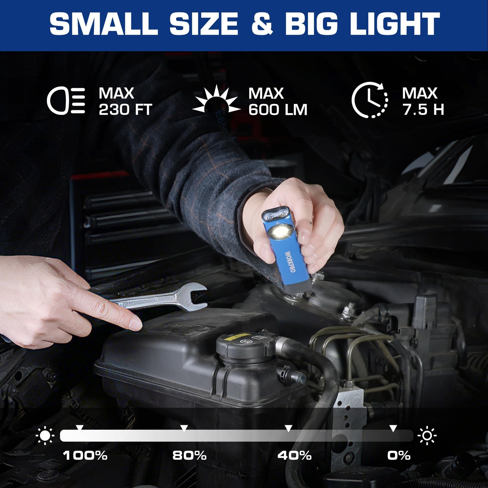 WORKPRO Rechargeable Work Light, 600 Lumens Flat Pocket Flashlight with Blue