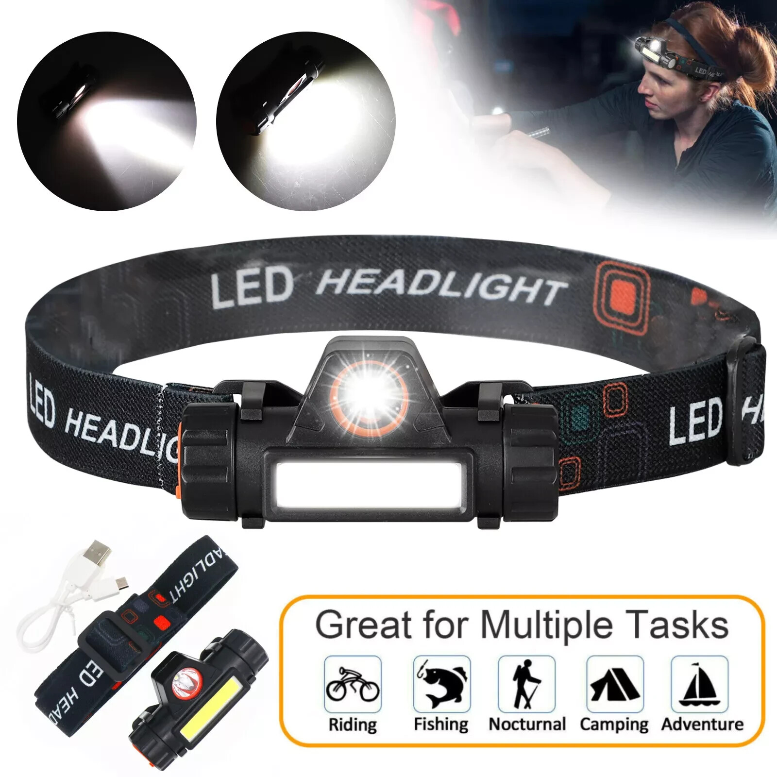 KIT 500 Lumens USB Rechargeable Ultra Bright LED COB HeadLamp Flashlight