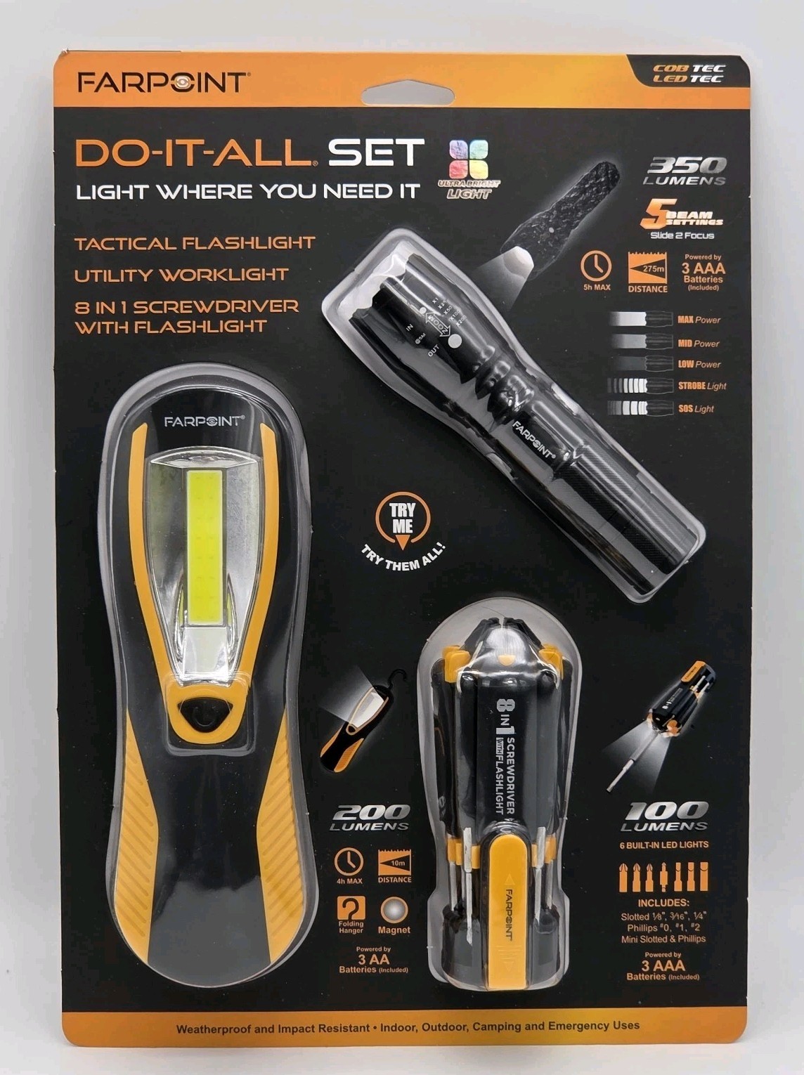 Do-It-All Set: 8 In 1 Screwdriver Tactical Flashlight Utility Worklight LED