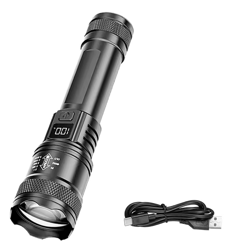 Rechargeable LED Zoomable Flashlight with LCD Display, 3 Modes, Waterproof Outdo