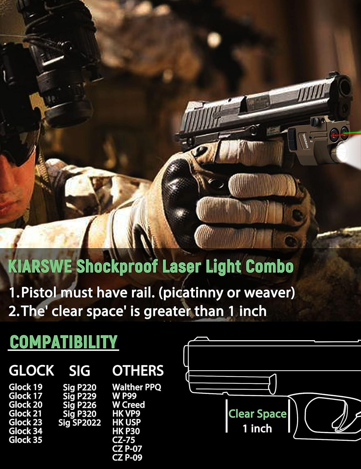 Red Green Laser Light Combo, 500 Lumens Red Green Laser, Supcompact Pistol Laser