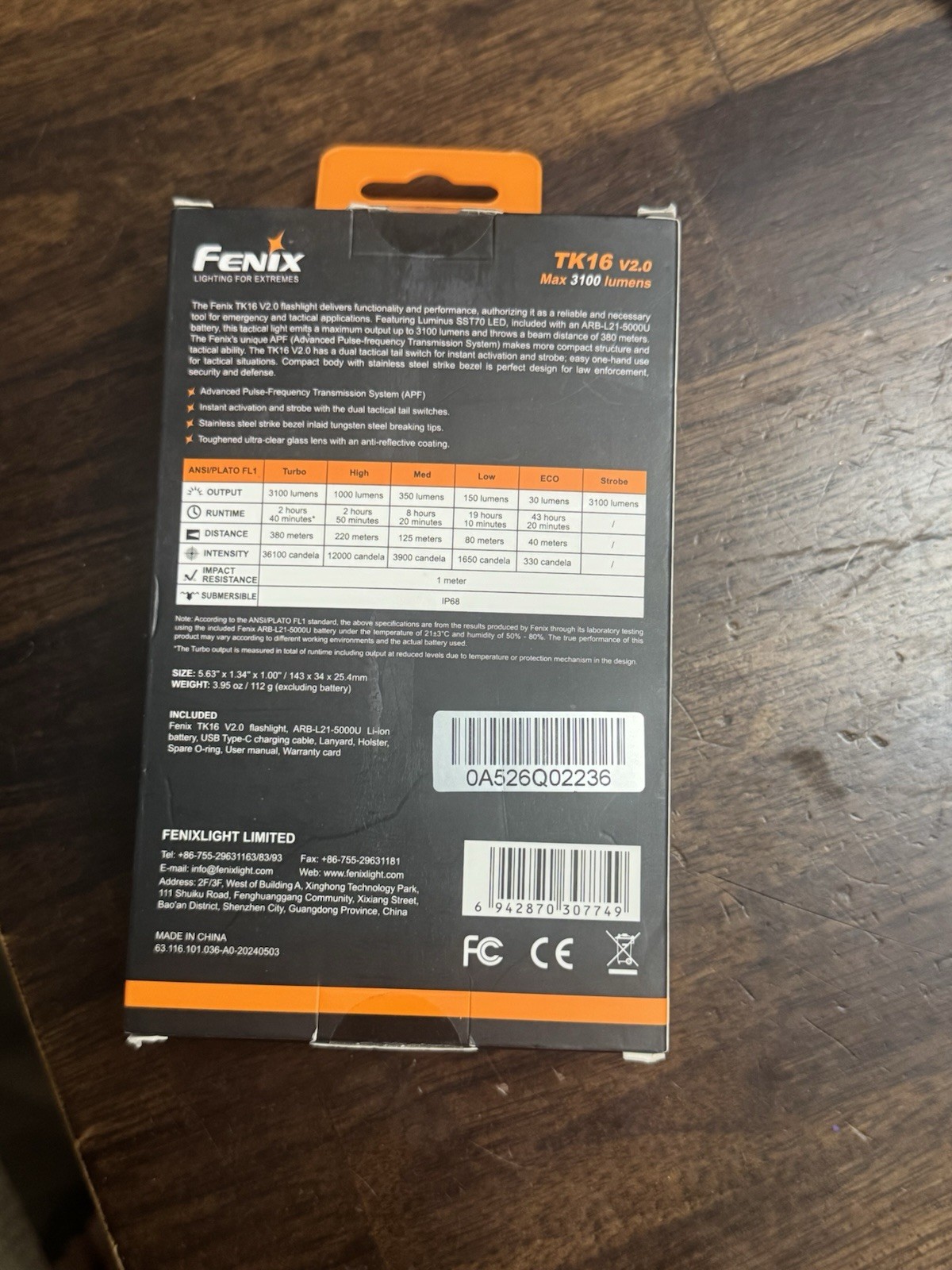 Fenix TK16 V2.0 Tactical Rechargeable Flashlight 3100 Lumens Black
