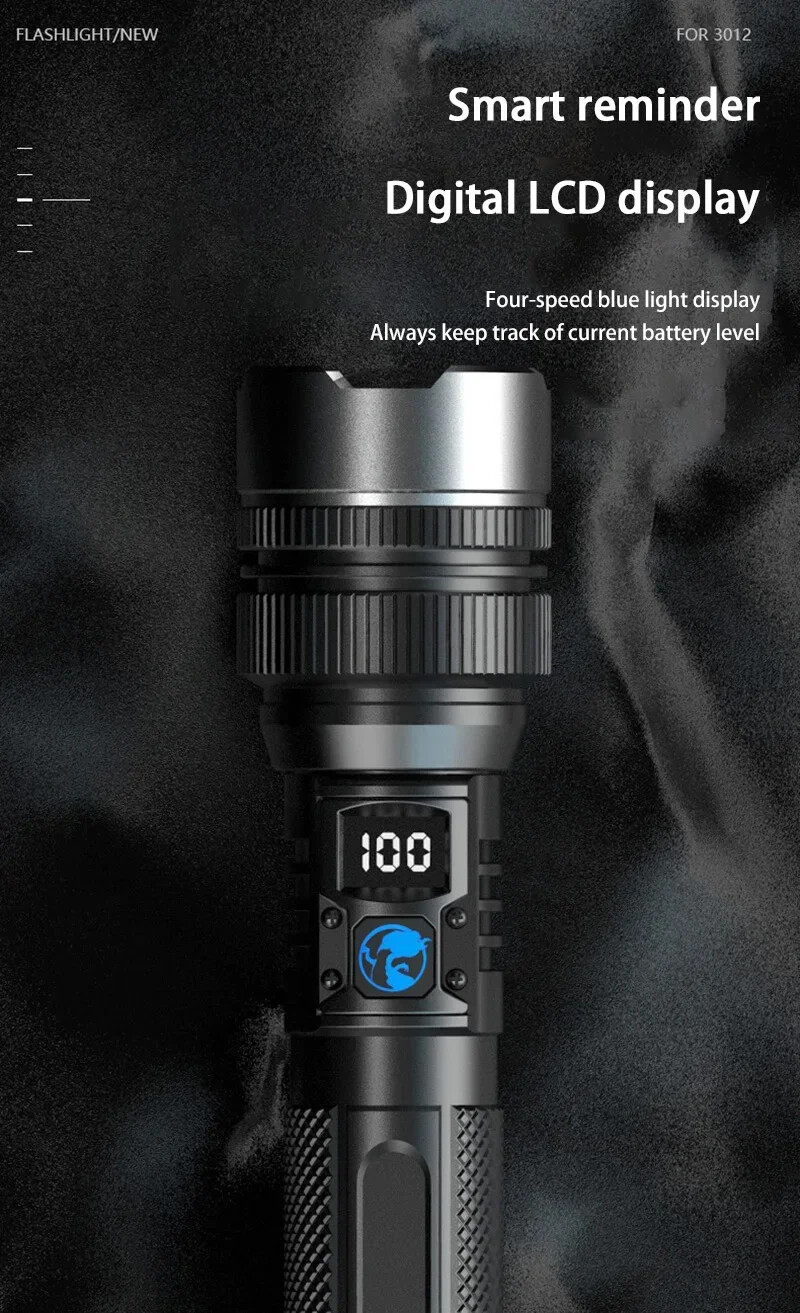 1000000LM LED Flashlight USB Digital Display IPX8 Long Lasting Camping Emergency