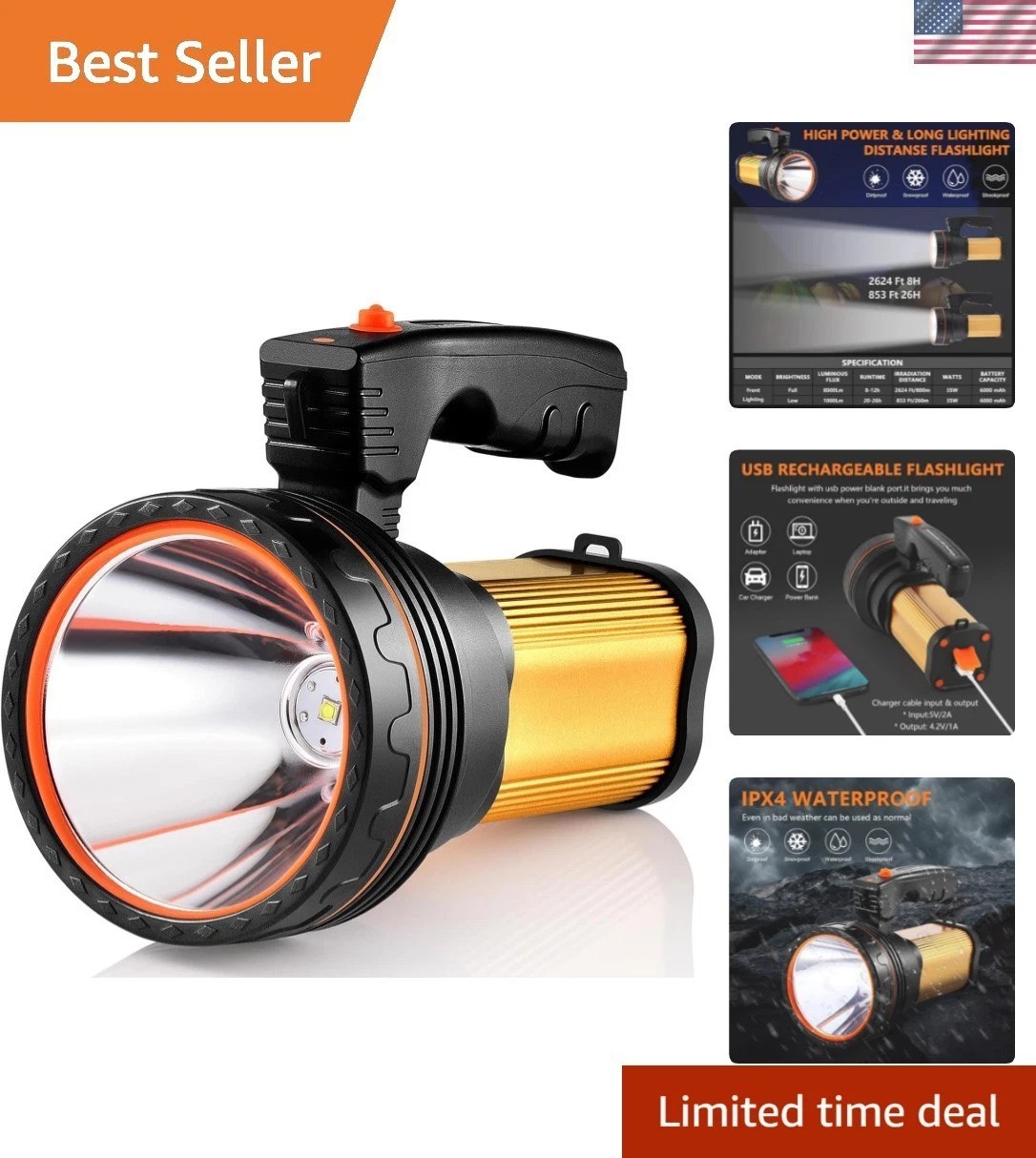 Heavy-Duty Waterproof Handheld Flashlight – 800m Beam for Hunting & Outdoor Use