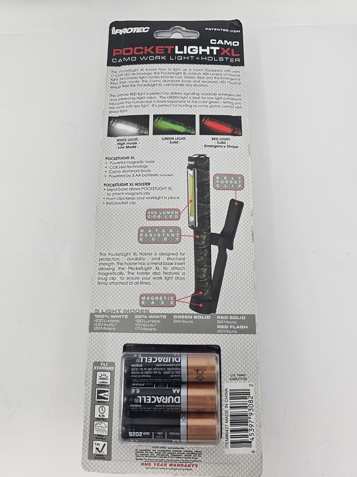 Protec Camo Pocketlight XL Camo Work Light 400 Lumens 5 Light Modes C.O.B. Led