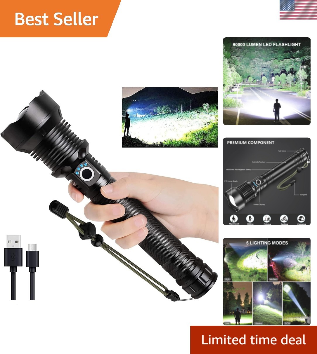 Rechargeable LED Flashlights High Lumens, 90,000 Lumens Super Bright Flashlig…