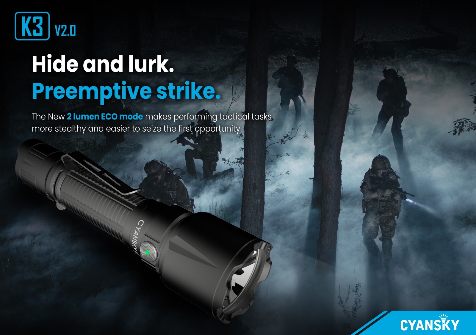 Cyanski K3V2 2000 lumen 700m Portable Tactical LED Flashlight 21700 18650
